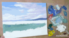 a painting on a canvas next to a palette that says made in animotica
