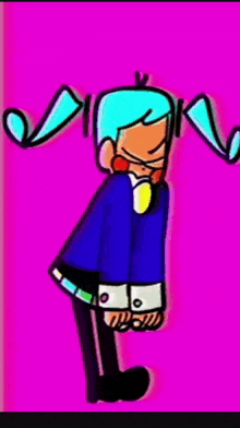 a cartoon character with blue hair and glasses is standing on a pink background .