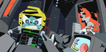 a cartoon drawing of a robot and a girl with a l on the screen