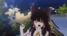 a girl with a bow on her head is yawning and holding a stick in her hand
