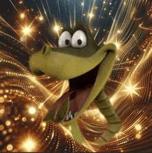 a cartoon crocodile is smiling with its mouth open in front of a gold background