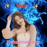a woman in a white dress is standing in front of a blue background with the name yuhannahara written on it .