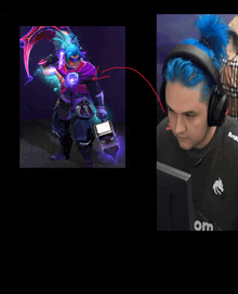a man with blue hair is wearing headphones and looking at a computer monitor