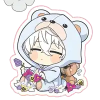 a cartoon of a girl in a teddy bear costume holding flowers and a teddy bear