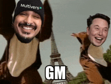 a man wearing a beanie with the word multiverse on it stands next to a man wearing a tiger costume