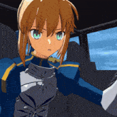 a cartoon character with blonde hair and green eyes is wearing armor