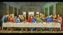 a painting of the last supper shows jesus and his apostles sitting at a long table
