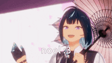 a girl with purple eyes is holding an umbrella and the words noel 3 are above her