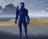 a blue and black futuristic soldier stands in front of a landscape