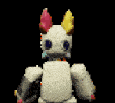 a pixel art drawing of a rabbit with a pink ear and yellow horns