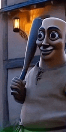 a bald cartoon character is holding a baseball bat .