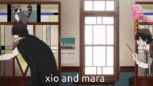 a man standing next to a window with a raccoon on his head and the words " xio and mara " on the bottom