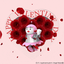 a valentine 's day card with a robot in front of a heart of red roses