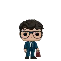 a funko pop of superman is standing next to a briefcase
