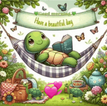 a cartoon turtle is laying in a hammock reading a book .