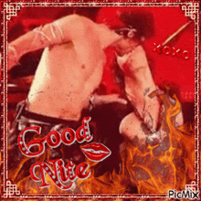 a picture of a man kissing another man with the words good nite on it