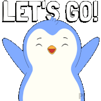 a cartoon penguin says let 's go
