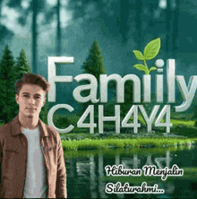 a man in a brown jacket stands in front of a sign that says family c4h4y4