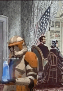 a painting of a clone trooper holding a blue bottle in front of a group of people including abraham lincoln