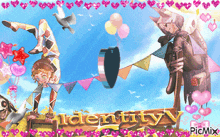 a sign that says identity v is surrounded by hearts