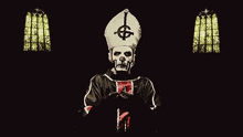 a priest with a skull on his face is standing in front of a church window .