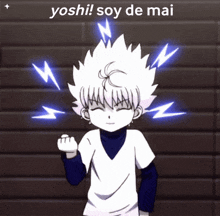 a picture of a boy with lightning coming out of his head and the words yoshi soy de mai