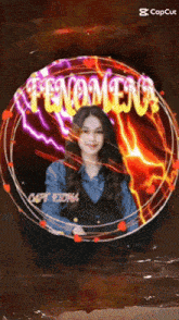 a woman in a blue shirt is surrounded by a circle with the word " fenomen " on it