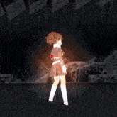 a girl in a brown dress and white knee high socks is walking in a dark room