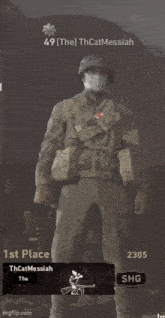 a soldier wearing a mask is standing in front of a sign that says 49 [ the ] thcat messiah