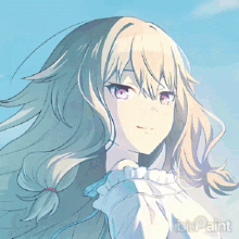 a drawing of a girl with a blue sky in the background and the word ibis paint on the bottom