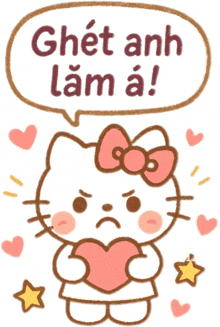 a hello kitty holding a heart with a speech bubble that says ghet anh lam a!