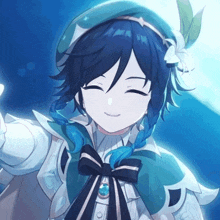 a close up of a anime character with blue hair and a bow