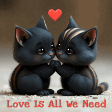 a couple of cats sitting next to each other with the words love is all we need