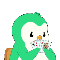 a cartoon of a green penguin holding playing cards with the words oops above him
