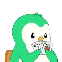 a cartoon of a green penguin holding playing cards with the words oops above him