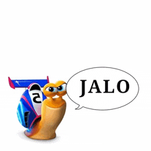 a cartoon snail with a speech bubble that says jalo on it