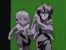 a couple of anime characters are standing next to each other on a green background .