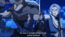 a man with a sword and shield stands next to a werewolf and says eu sou o cavaleiro espiritual