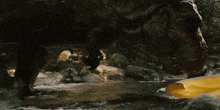 a yellow raft is floating in a river with a large rock in the background