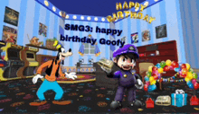 a cartoon of goofy and luigi in a room with the words happy birthday goofy above them