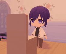 a girl with purple hair and blue eyes is standing in front of a dresser