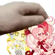 a pixel art of a hand holding a slipper next to a group of cartoon characters .