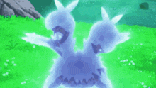 a cartoon drawing of a rabbit with two heads standing in a field of grass .