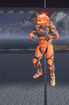 a robot with a pumpkin head is standing on a tiled floor