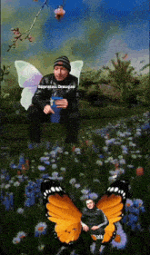 a man with fairy wings is sitting in a field