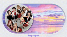 a group of girls are posing for a picture in a circle with the words heysaym below them .
