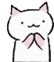 a white cat with pink ears and a mustache is holding its paws up in the air .