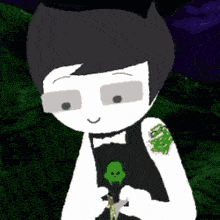 a cartoon character with a green skull on his arm