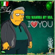a cartoon of a man with the words you mamma my mia i love you