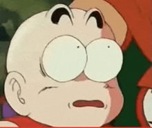 a close up of a cartoon character 's face with a surprised look on his face .